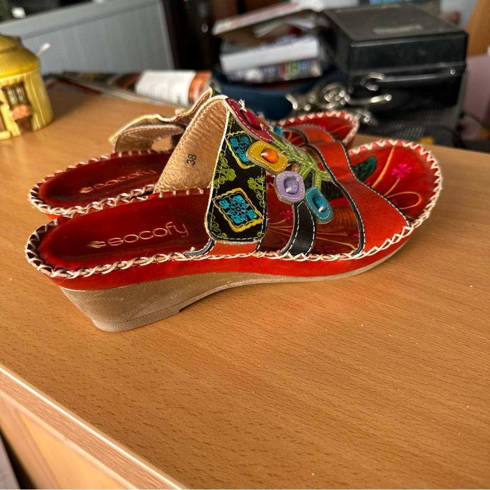 Socofy Leather Boho Floral Sandals Wedges - Picture 3 of 8